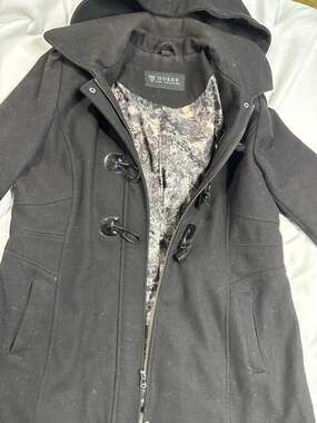 Guess Los Angeles Women's Black Wool Blend Hooded Toggle Coat Size XL